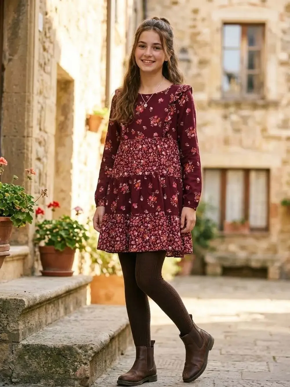 Gymboree Girls Long Sleeve Tiered Floral Twill Dress Burgundy Size 6